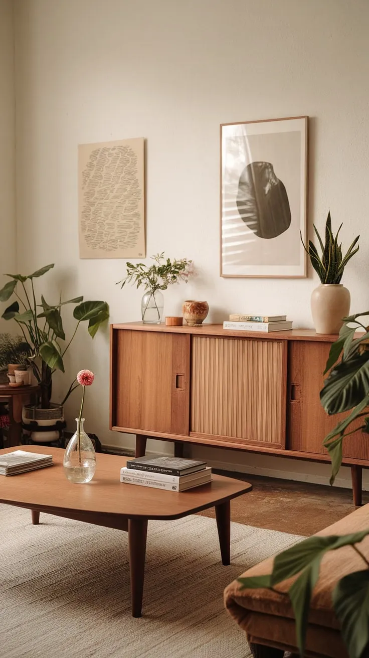 This wabi sabi house features a Japandi living room that harmonizes minimalist decor with carefully selected items, creating an inviting and warm interior.