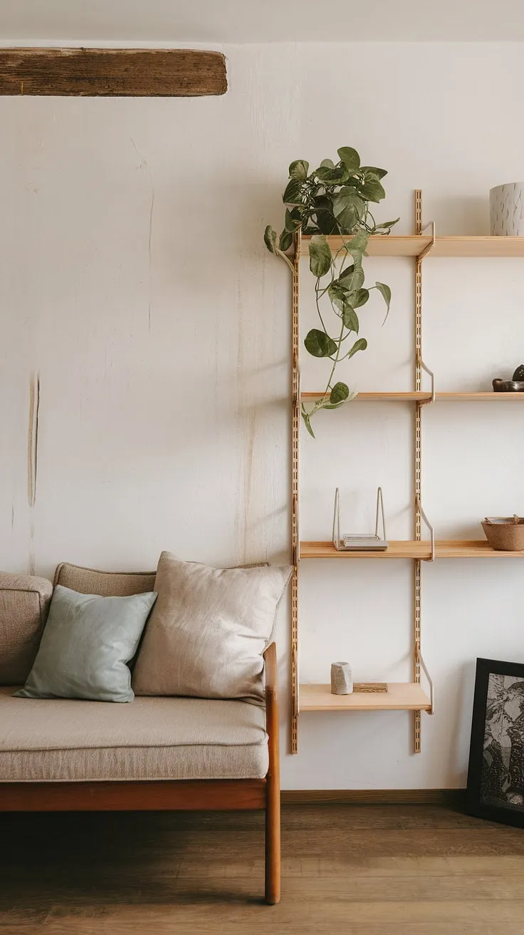 The wabi-sabi house showcases a Japandi living room with a wooden floor, a simple beige sofa, and a touch of greenery, embodying the essence of minimalist decor.