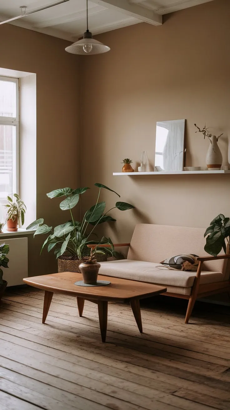The wabi-sabi living room blends Japandi aesthetics with minimalist decor ideas, featuring rustic elements and natural light for a tranquil living space.
