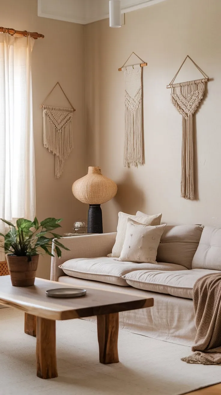 This wabi-sabi living room, featuring japandi style and minimalist decor ideas, showcases a beige sofa, wooden coffee table, and a potted plant, creating a harmonious wabi-sabi house interior.