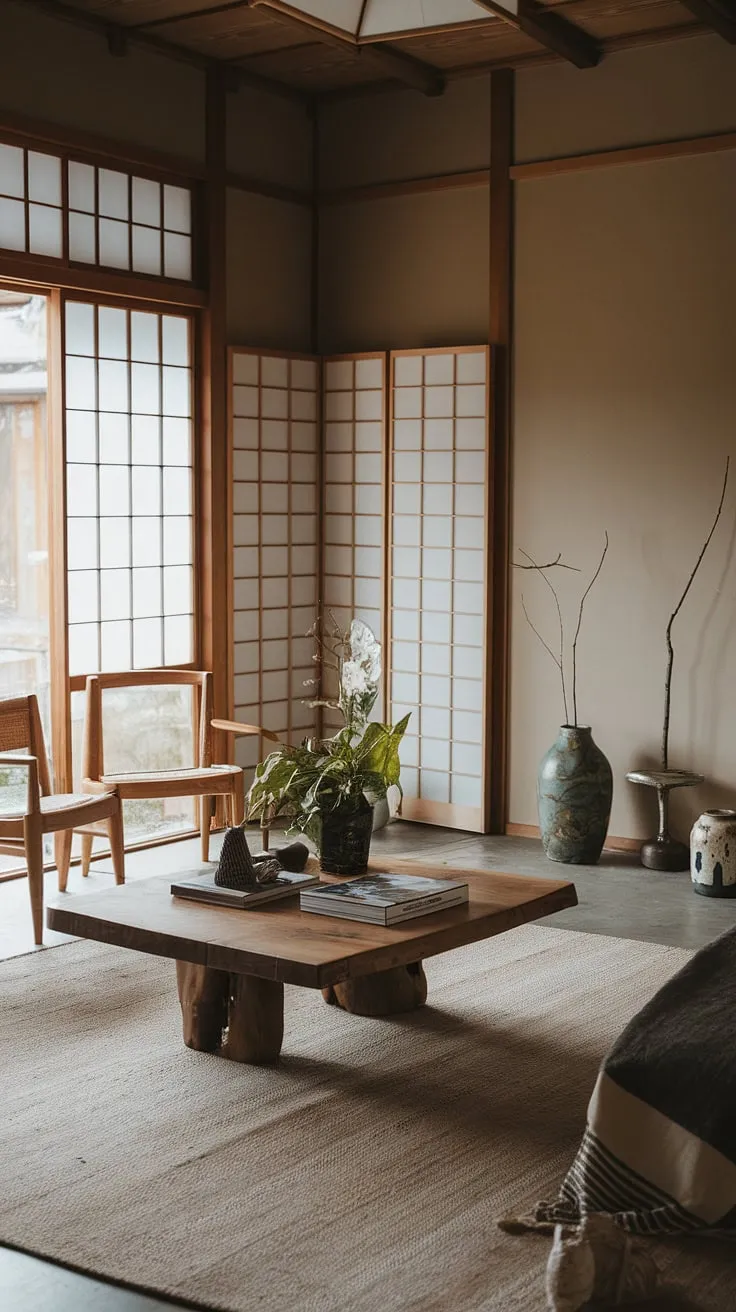 This wabi sabi interior blends simplicity and elegance, featuring a wooden coffee table, a shoji screen, and carefully selected decor in a tranquil Japandi living space.