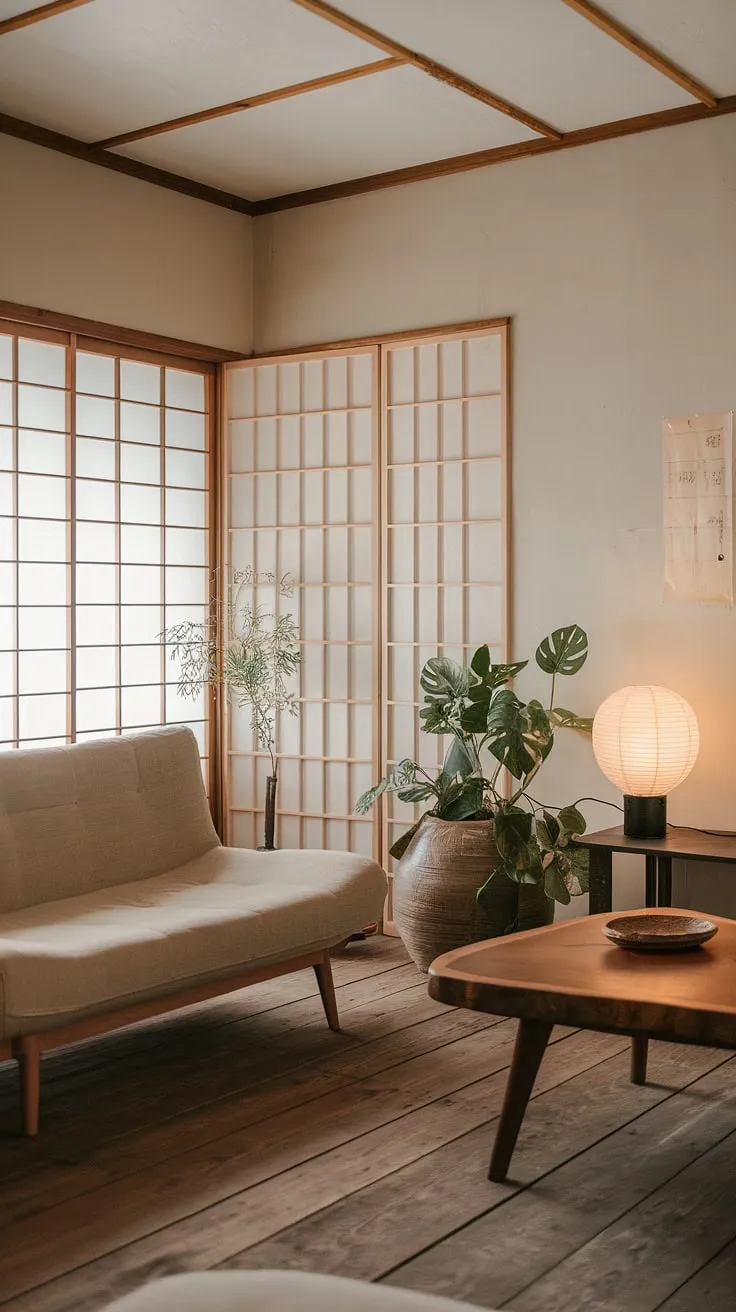 This wabi-sabi interior blends simplicity and nature, featuring a cozy beige sofa and wooden elements for a tranquil Japandi living space.
