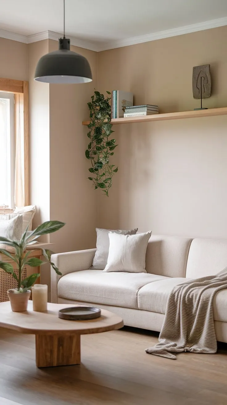 The wabi-sabi house's interior blends a cozy beige palette and simple furnishings, creating a tranquil space that celebrates minimalist living.