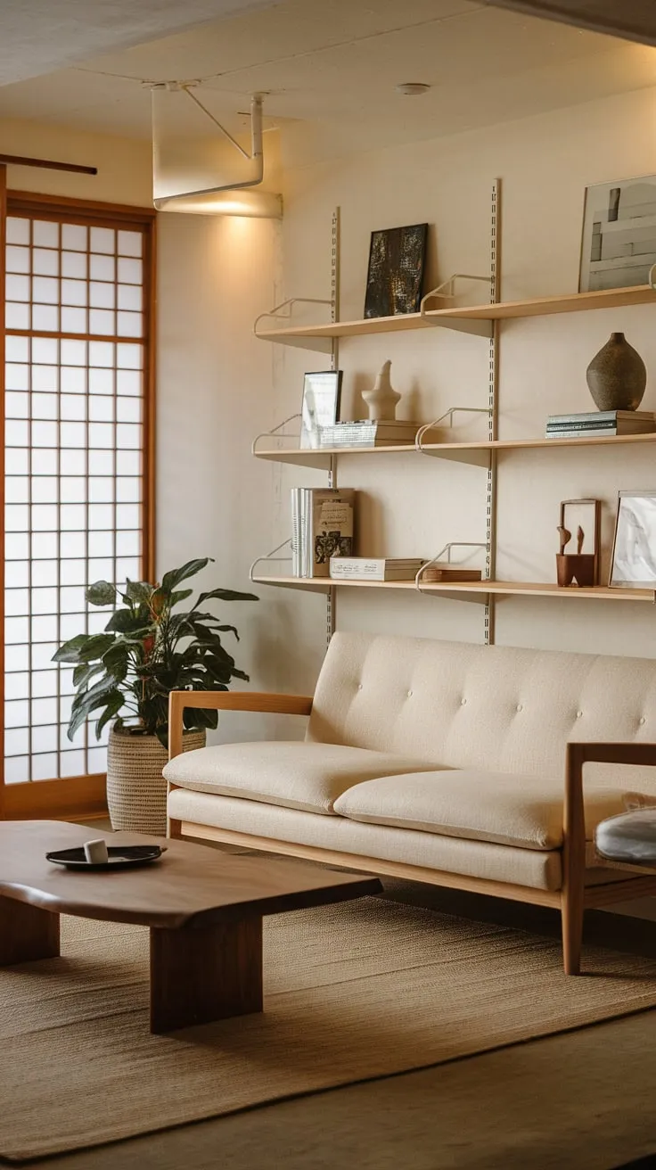The wabi sabi house showcases a harmonious living space with a Japandi living room that highlights minimalist decor ideas through its clean lines, wooden accents, and inviting atmosphere.