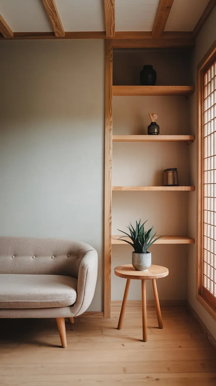 This wabi sabi house exemplifies minimalist living with a harmonious blend of natural textures and soft lighting in its thoughtfully designed living room.