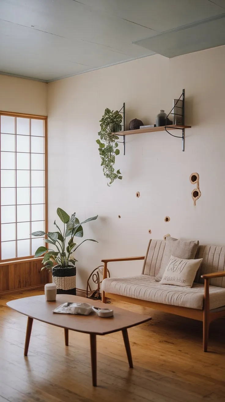 The wabi-sabi house showcases a harmonious interior with a minimalist approach, highlighted by a wooden coffee table and a few carefully chosen decor items.
