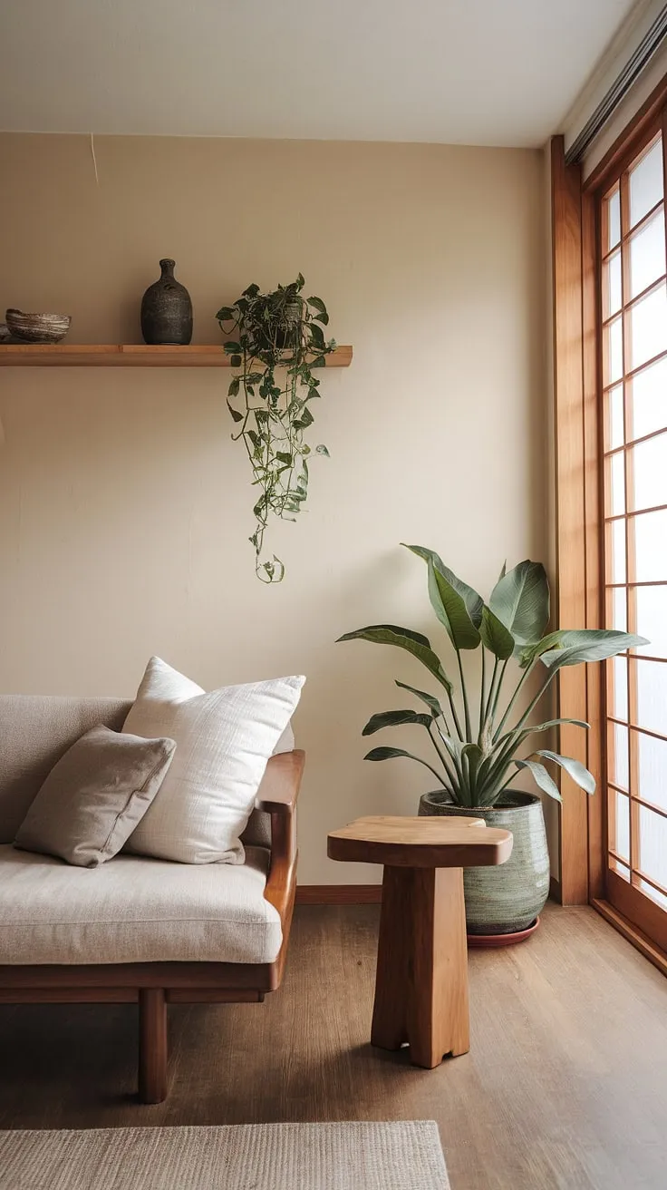 This wabi-sabi living room showcases minimalist decor ideas with a beige sofa, wooden side table, and a large potted plant, creating a harmonious wabi-sabi house interior.