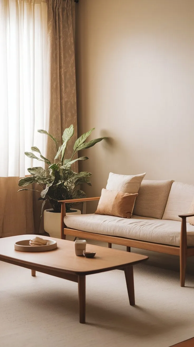 This wabi-sabi house embodies minimalist decor ideas in its living room, blending a beige sofa and wooden accents for a tranquil interior.