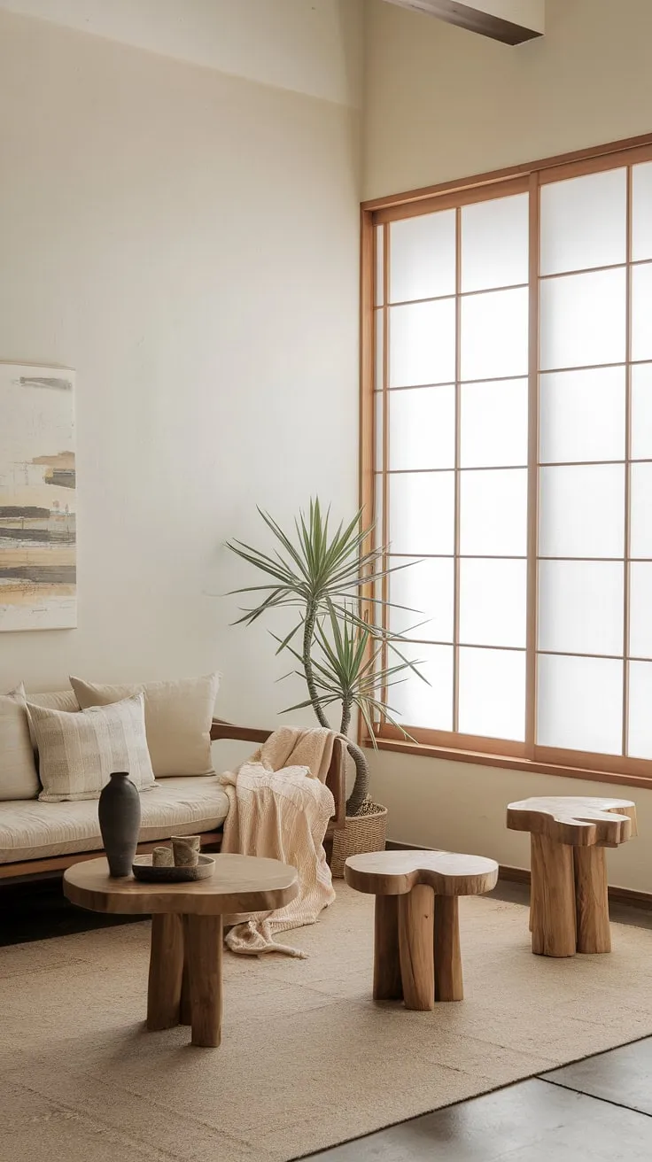 A wabi-sabi living room in a japandi style features minimalist decor with essential pieces like a beige sofa, wooden stools, and a potted plant, all bathed in natural light.