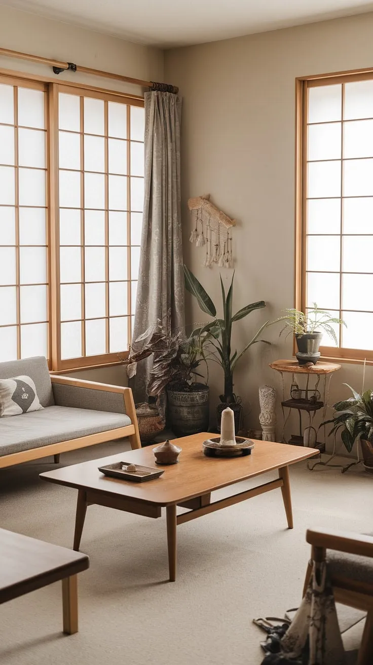 A wabi-sabi living room in a Japandi house showcases minimalist decor ideas with wooden furniture, plants, and natural light creating a harmonious interior.