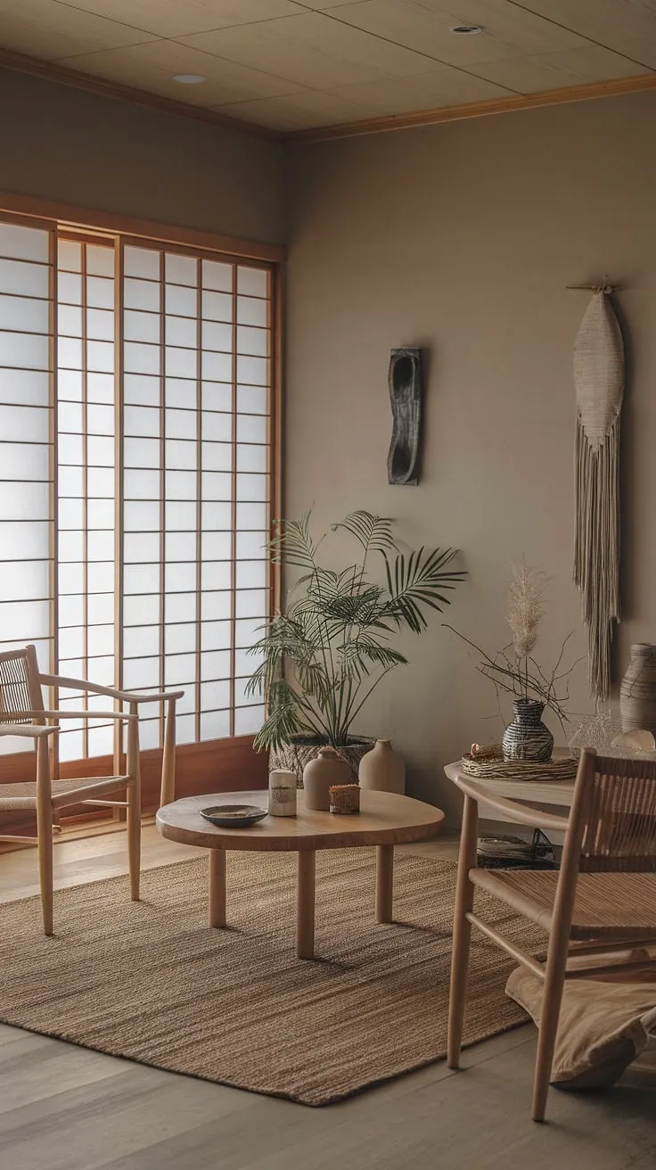 This wabi-sabi living space features a blend of minimalist decor ideas, wooden elements, and a touch of nature, embodying the essence of japandi style.