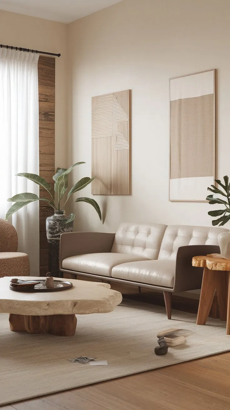 A wabi-sabi living room showcases minimalist decor ideas with a neutral palette, natural materials, and Japandi influences, creating a harmonious interior.