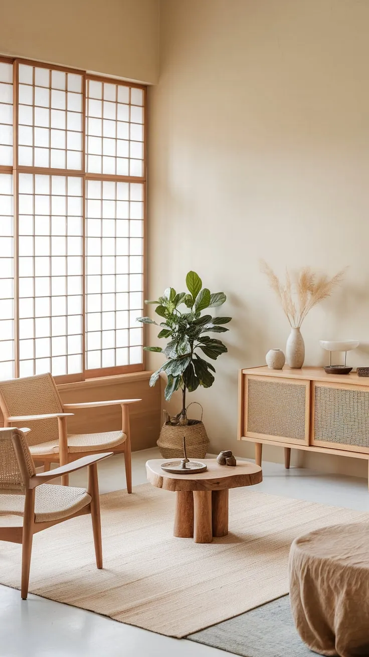 This wabi-sabi living room, featuring japandi style and minimalist decor ideas, showcases wooden furniture, a beige rug, and a green plant, all bathed in natural light from a large window.