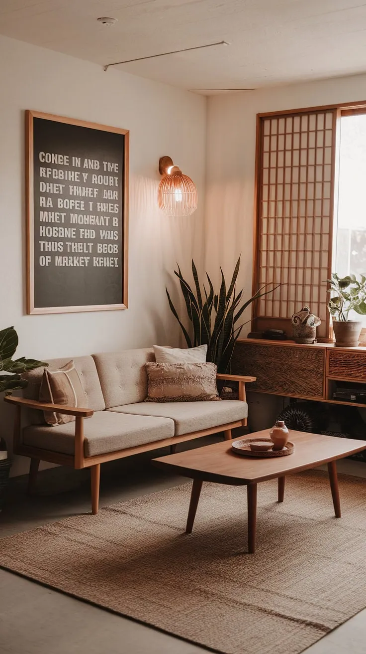 A wabi-sabi living room featuring Japandi interior design showcases minimalist decor ideas with a cozy beige sofa, wooden accents, and warm lighting.