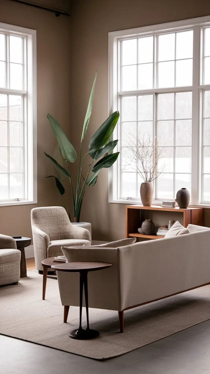 This wabi-sabi house blends minimalist decor ideas in a Japandi living room, highlighted by a cozy beige sofa, unique chairs, and a touch of greenery.