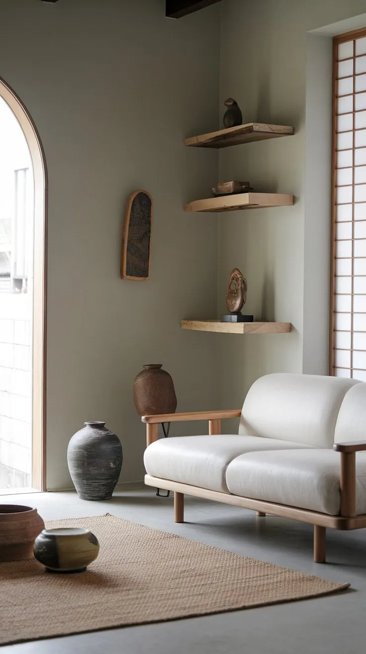 A wabi-sabi living room beautifully blends Japandi design with minimalist decor ideas, featuring a white sofa, wooden accents, and natural light that highlights its unique charm.
