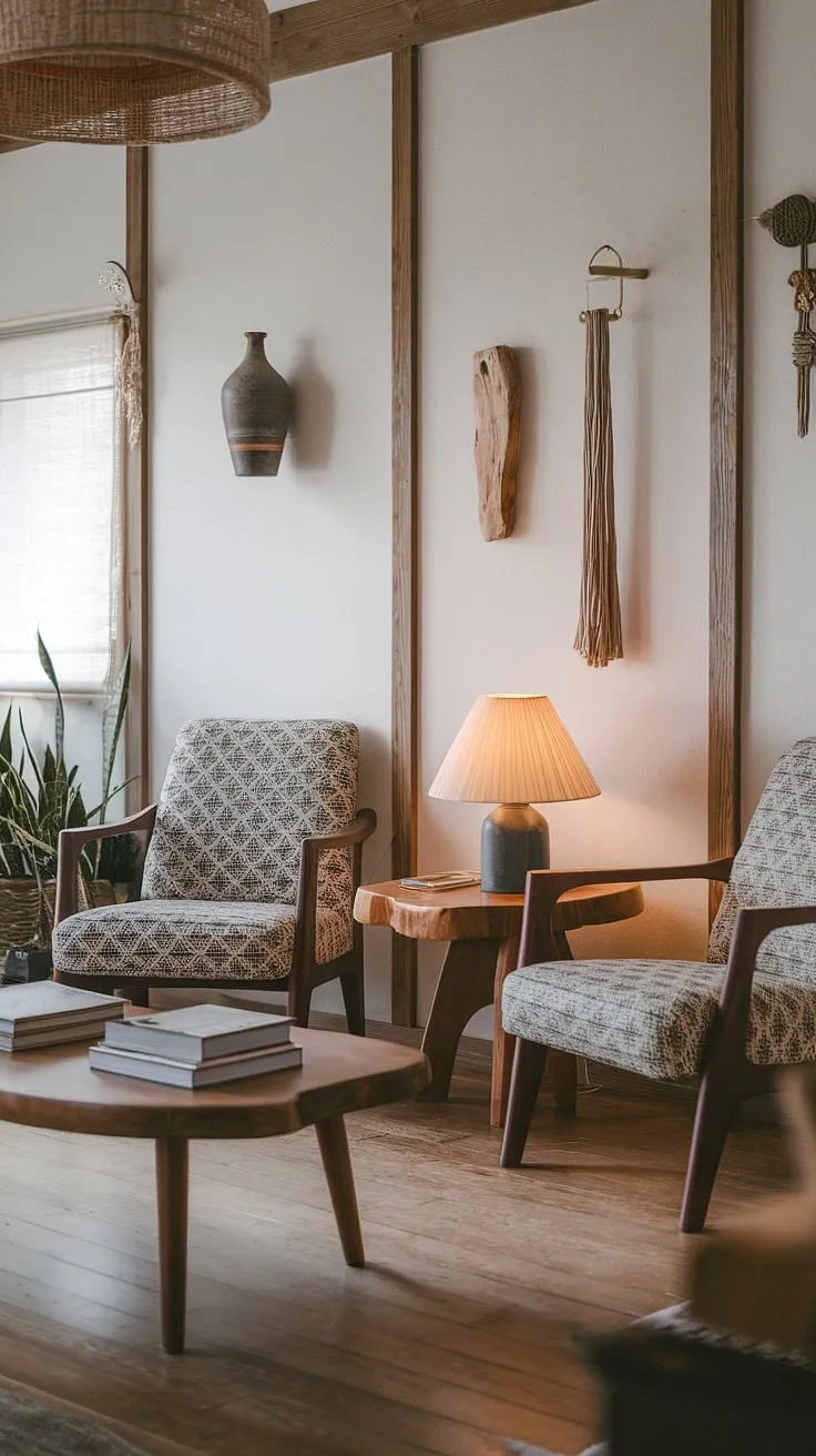 This wabi-sabi living room, featuring Japandi style and minimalist decor ideas, showcases a harmonious blend of natural materials and thoughtfully selected decor elements.