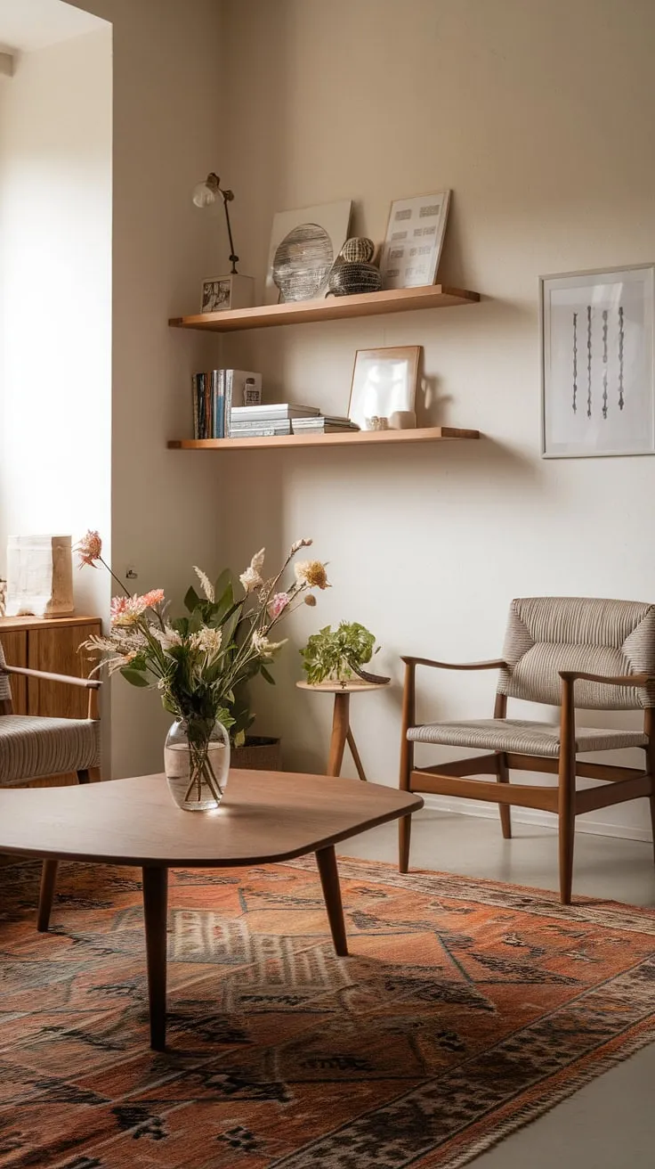 A beautifully curated wabi-sabi living room showcases minimalist decor ideas with a Japandi touch, featuring a wooden coffee table, warm lighting, and a harmonious blend of natural elements.