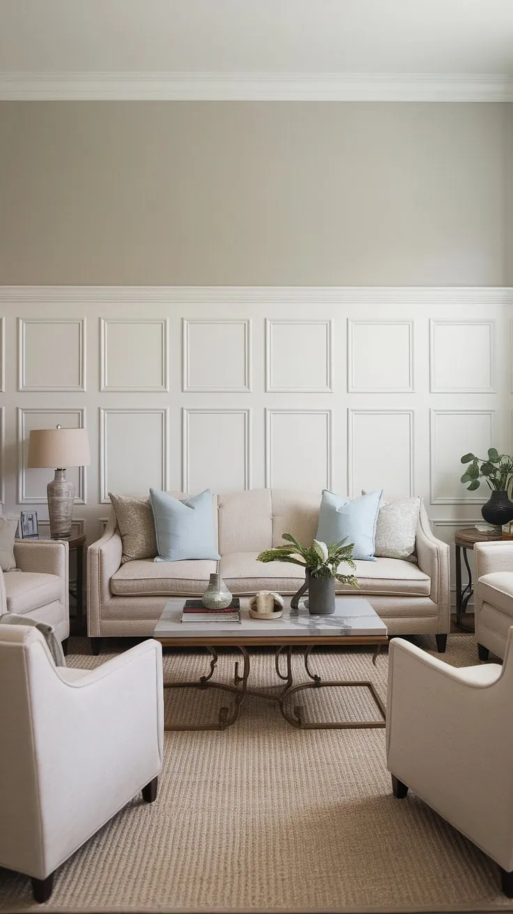 This living room's charm lies in the stunning detail of its wainscoting accent wall. The carefully chosen wall molding with wallpaper (imagined) complements the white wainscoting panels, creating a refined half wall moulding design.  The interplay of wall trim and wall paneling adds depth and character, showcasing the beauty of this unique wall trim moulding.