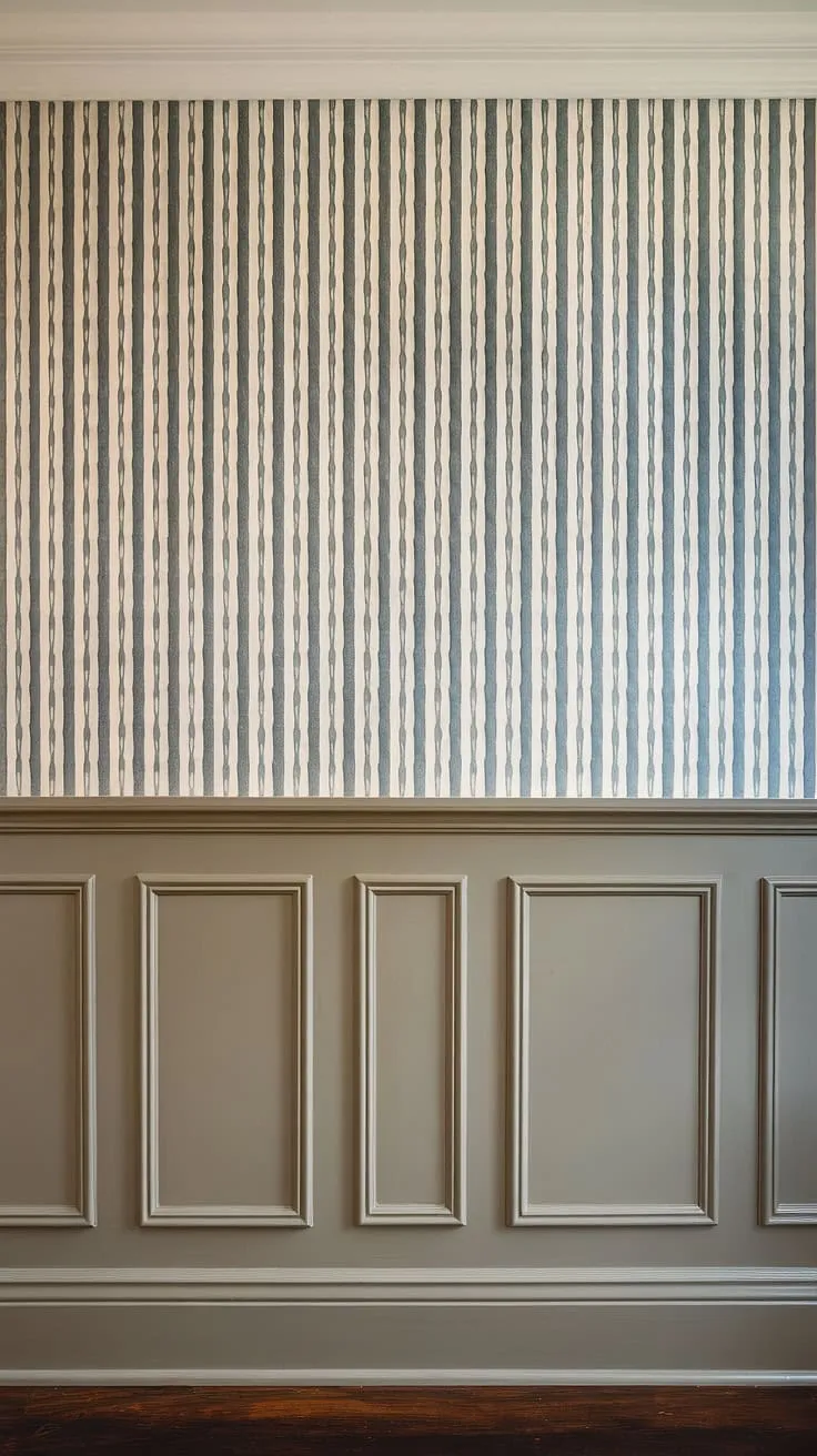 The elegance of this room is undeniable, thanks to the exquisite wainscoting accent wall.  The beige wainscoting panels, reaching halfway up, create a stunning base for the subtle patterned wallpaper above.  The crisp white wall moulding and wall trim moulding perfectly frame the wainscoting, while the dark wood floor adds a touch of warmth and sophistication.  This half wall moulding design, with its carefully chosen wall paneling and trim panels on wall, is a masterclass in classic style.