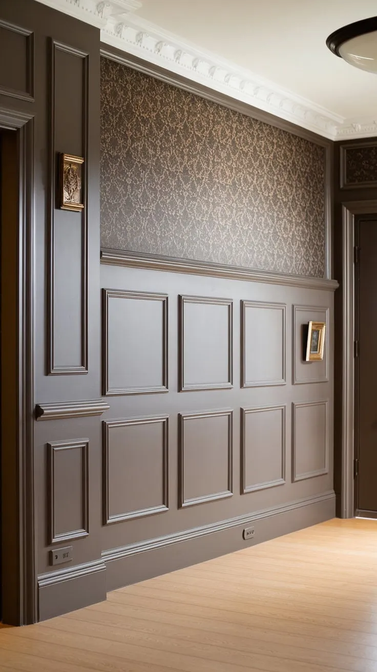 The elegant wainscoting accent wall, a masterpiece of wall paneling, commands attention with its intricate wainscoting panels and sophisticated wall molding with wallpaper.  The detailed wall trim moulding and half wall moulding add depth and character, perfectly complemented by the light wood flooring.
