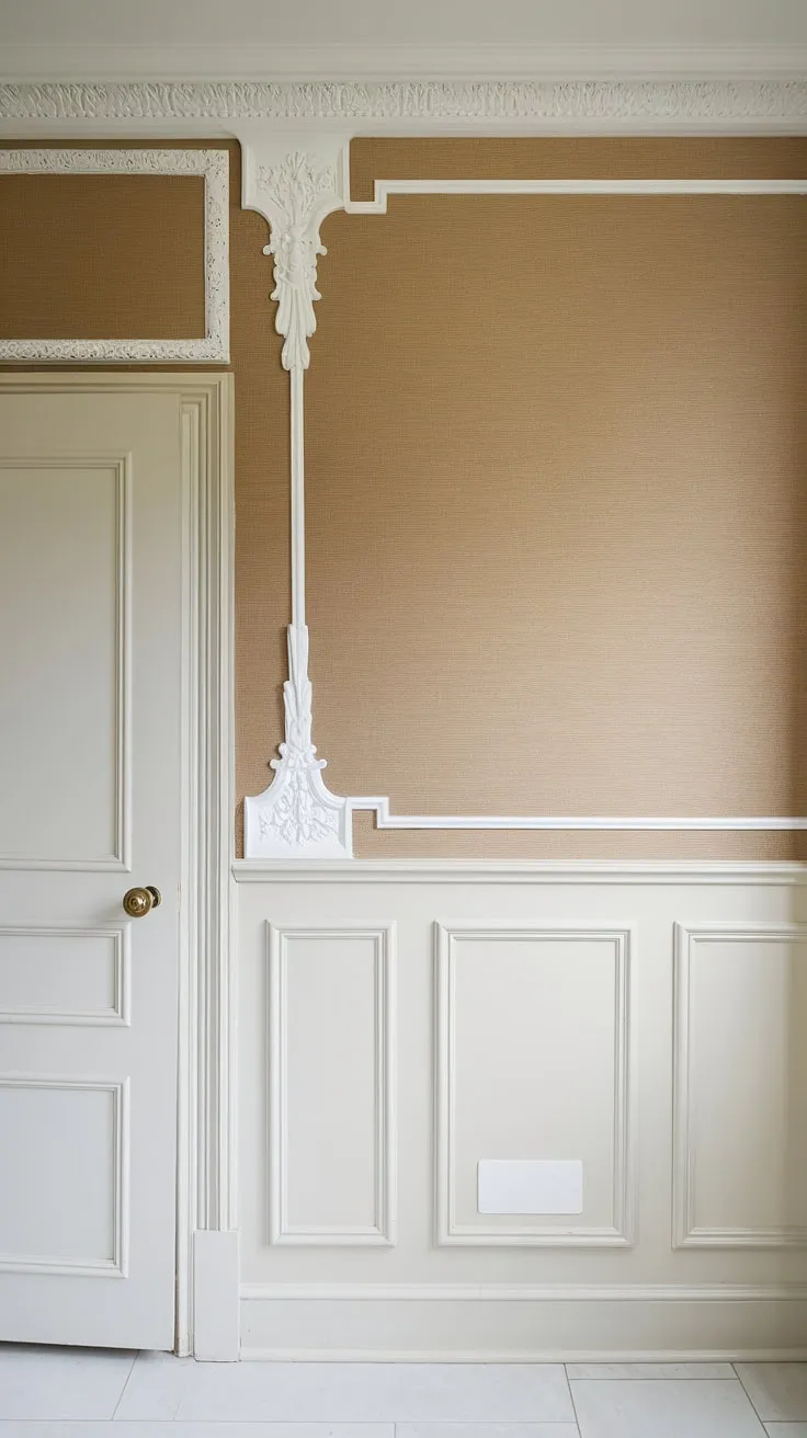 The elegant wainscoting accent wall, a masterpiece of wall paneling, transforms this space.  The beige wallpaper complements the crisp white wainscoting panels and wall trim moulding, while the half wall moulding adds a touch of classic sophistication.  Notice the subtle detail of the wall molding with wallpaper, creating a seamless transition from the trim panels on wall to the upper half. The white door with its brass knob is the perfect finishing touch.