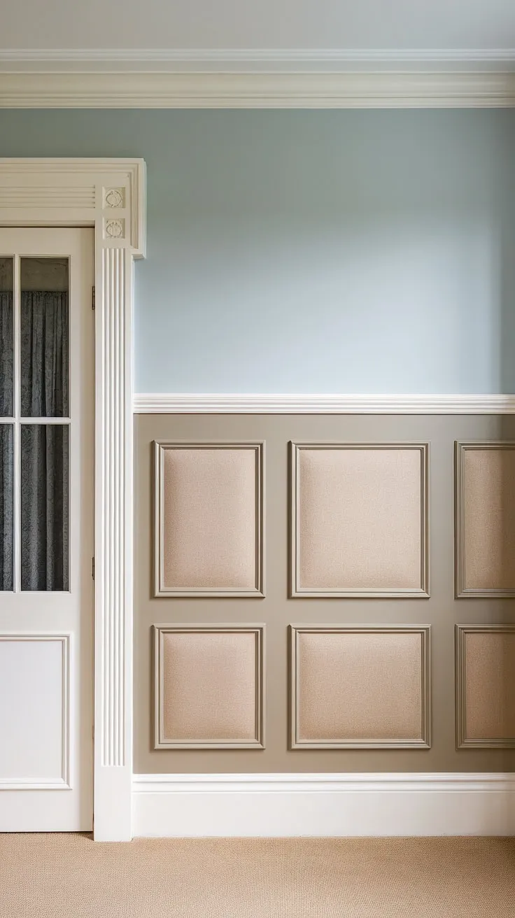 The grandeur of this high ceiling wainscoting is undeniable.  This full wall wainscoting showcases Victorian wainscoting at its finest, with its exquisite wainscoting designs and meticulous wainscoting trim. The combination of white wooden panels and a soft gray upper wall offers a timeless elegance, perfect for wainscoting for living rooms or even as hallway wainscoting.  This installation surpasses simple wainscoting wallpaper, offering a luxurious texture and visual depth.  Whether you're considering half panel wainscoting or exploring wainscoting ideas for your own home, this image provides ample inspiration.  For those seeking a sophisticated alternative to art deco wainscoting, this Victorian style is a captivating choice.  The impact of this wainscoting for entryways is equally impressive.