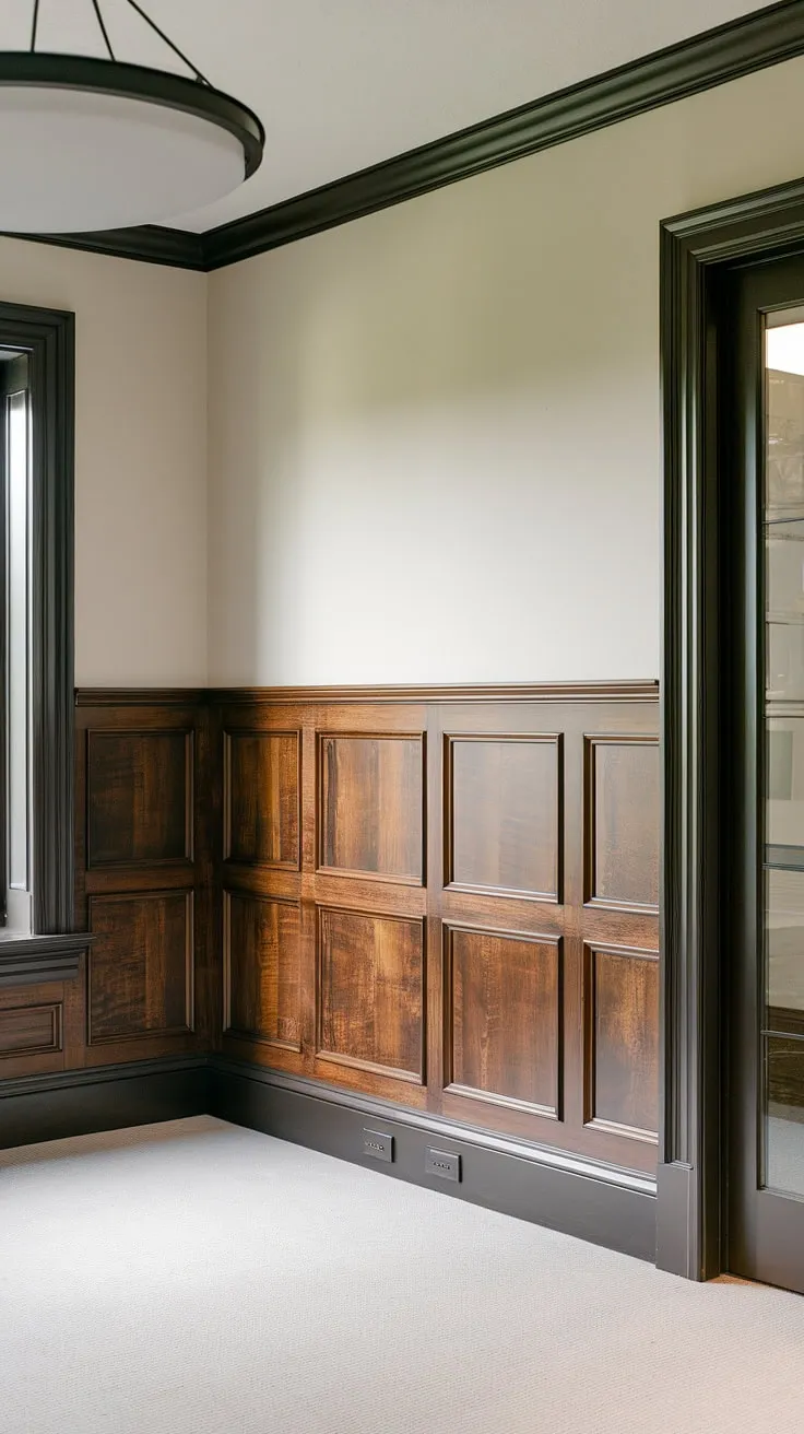 The high ceiling wainscoting in this room is a masterpiece of wainscoting for living rooms.  The full wall wainscoting, a rich dark wood reaching from floor to ceiling, is a testament to the power of wainscoting designs.  From wainscoting ideas for hallways and entryways to grand living spaces, this installation offers inspiration.  The choice of dark wood and light grey paint creates a striking contrast, while the detailed wainscoting trim adds a touch of elegance.  While reminiscent of Victorian wainscoting, the clean lines also suggest Art Deco wainscoting influences.  This is more than just wainscoting wallpaper; it's a statement of refined style.