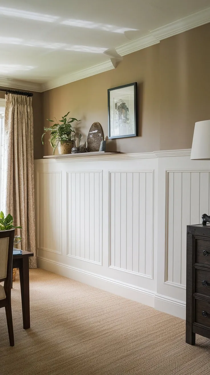 This bedroom's elegant design showcases the seamless transition of beadboard wainscoting to the ceiling, a stunning example of wainscoting installation.  The large mirror above perfectly complements the beadboard, answering the question of how to hang a mirror over wainscoting.  Consider this inspiration for your own beadboard wall installation, whether you're exploring beadboard and batten, or a full beadboard ceiling hallway.  Learn more about how to add beadboard to walls and discover the possibilities of wallpaper and beadboard bedroom designs.  The beadboard wainscoting height adds architectural interest, and while this is a bedroom, the technique is easily adaptable for a beadboard bathroom DIY project.