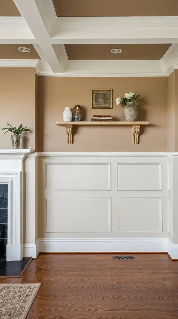 The elegant wainscoting accent wall, complete with crisp white wainscoting panels and intricate wall moulding, adds a touch of classic charm to this living room.  The half wall moulding perfectly complements the rich hardwood floors and beige walls, creating a sophisticated space enhanced by the decorative shelf above the wall paneling.  The careful use of wall trim and wall trim moulding throughout elevates the room's design.