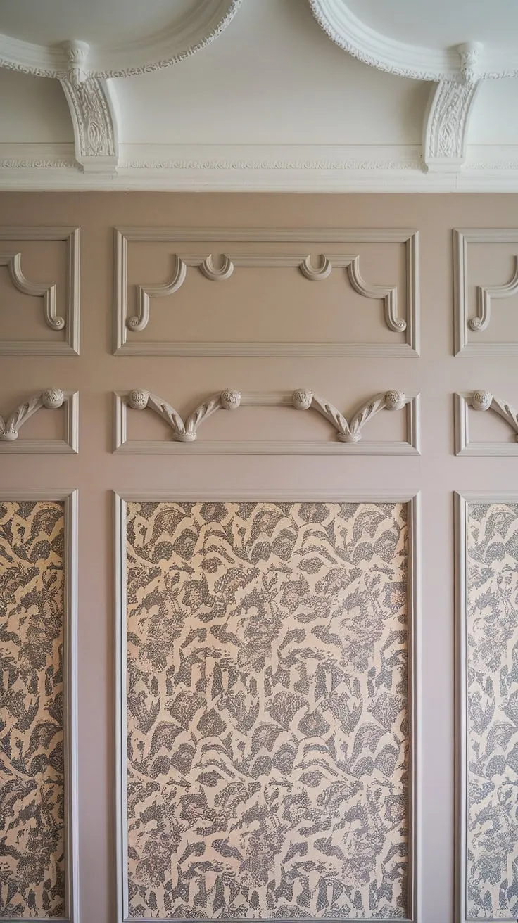 This living room's elegance is undeniably elevated by the stunning wainscoting accent wall.  The intricate wall moulding of the upper wainscoting panels contrasts beautifully with the simpler rectangular designs below, all culminating in a sophisticated half wall moulding. The floral wallpaper perfectly complements the wall paneling, creating a harmonious blend of textures and patterns.  The wall trim moulding and trim panels on wall add the finishing touch to this exquisite wall molding with wallpaper design.