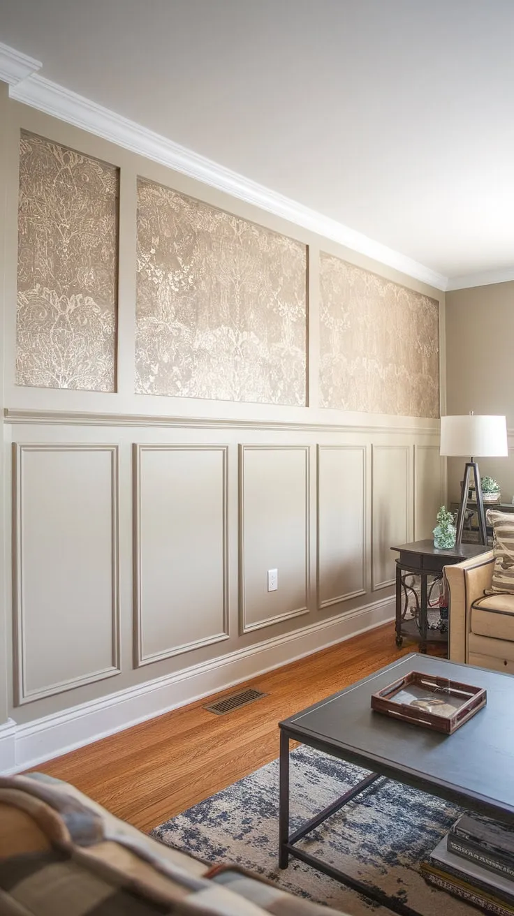 This living room's charm lies in the stunning detail of its wainscoting accent wall.  The combination of beige wallpaper and white paint, accented by the rich wall trim moulding and carefully placed wainscoting panels, showcases the beauty of wall paneling.  The wall moulding adds a touch of classic elegance, perfectly complemented by the hardwood floors.