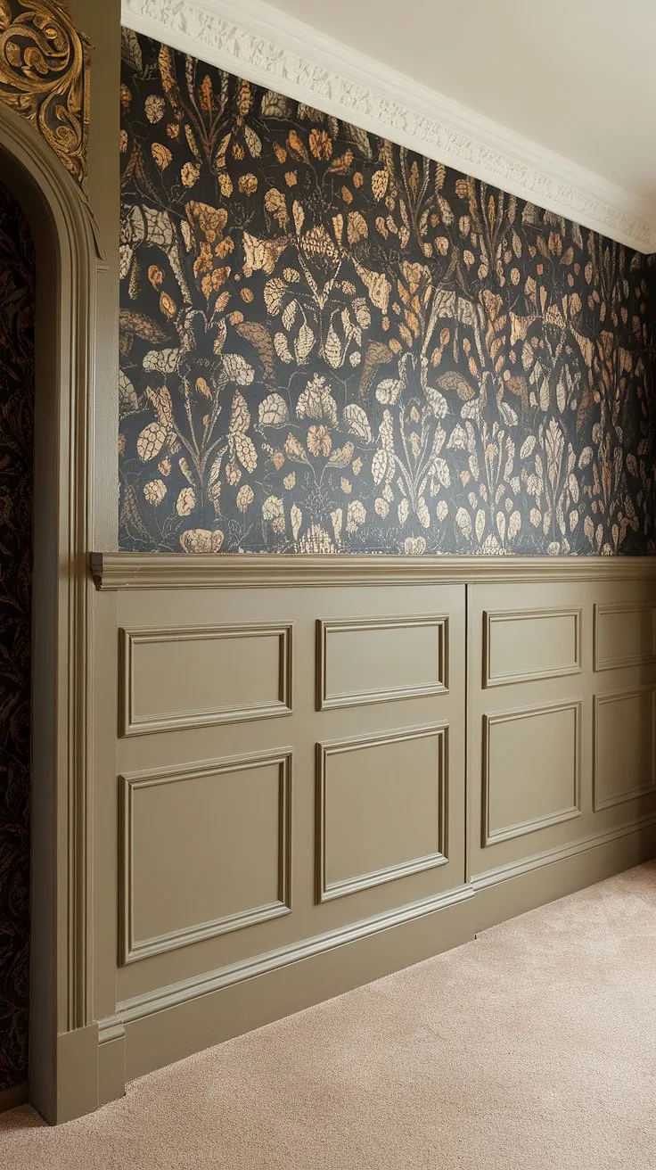 The artistry of the wainscoting accent wall is undeniable.  Intricate wall moulding and wainscoting panels create a visually striking focal point, enhanced by the beautiful wall molding with wallpaper above.  The subtle beige lower half, accented with carefully chosen wall trim and half wall moulding, perfectly balances the floral wallpaper. This room is a testament to the power of thoughtful wall paneling and trim panels on wall to transform a space.