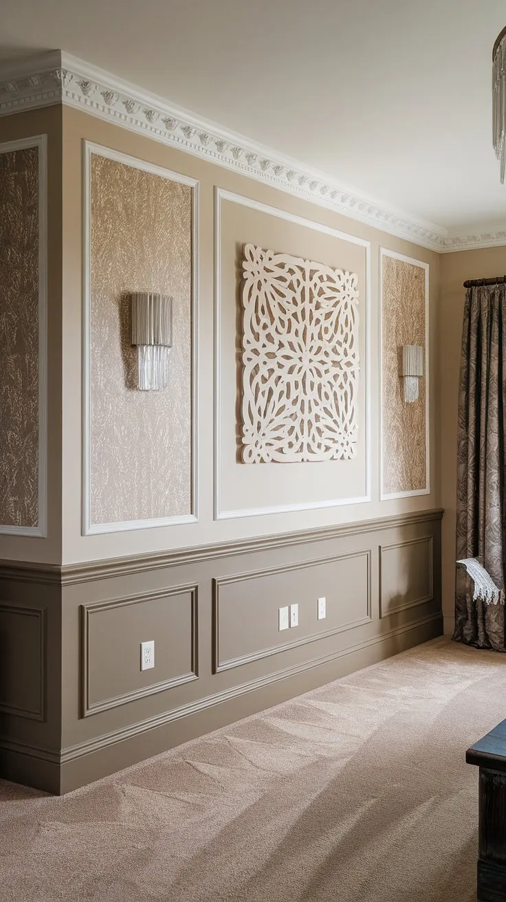 Elegance redefined.  The warmth of beige wainscoting panels, the crispness of white wall trim moulding, and the intricate detail of the wall molding with wallpaper create a captivating focal point in this living room.  The wainscoting accent wall, complete with half wall moulding and carefully placed trim panels on wall, showcases exquisite craftsmanship and elevates the space with its stunning wall paneling.