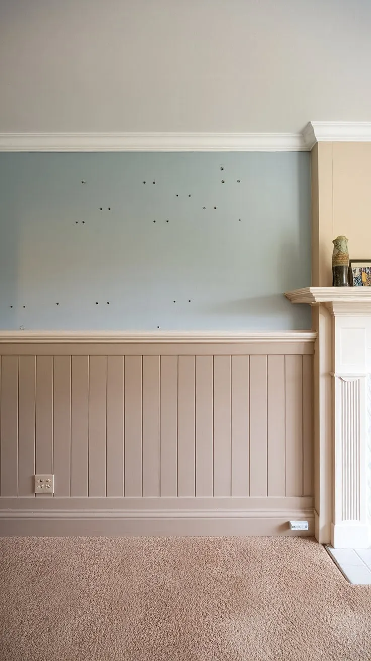 The subtle elegance of this living room is defined by its stunning wainscoting accent wall.  The beige wainscoting panels, capped with crisp white chair rail molding, create a beautiful contrast against the light blue upper half, showcasing the perfect blend of wall paneling and paint.  The carefully chosen wall trim moulding adds a touch of classic charm, while the subtle nail holes whisper tales of cherished memories.