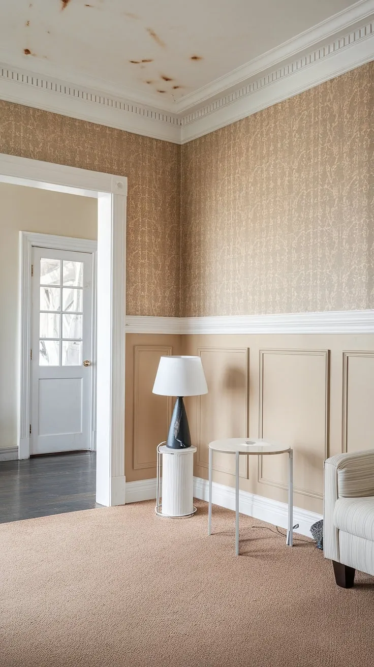 This living room's design is a masterclass in wainscoting paint ideas. The painted wainscoting, a subtle yet impactful light beige, beautifully complements the dark grey monochrome painted walls and the rich dark brown trim.  This light wainscoting dark walls combination demonstrates the power of a two-color wainscoting approach, offering a modern twist on dark wainscoting ideas and showcasing trending trim colors. The wainscoting contrast color is simply stunning.
