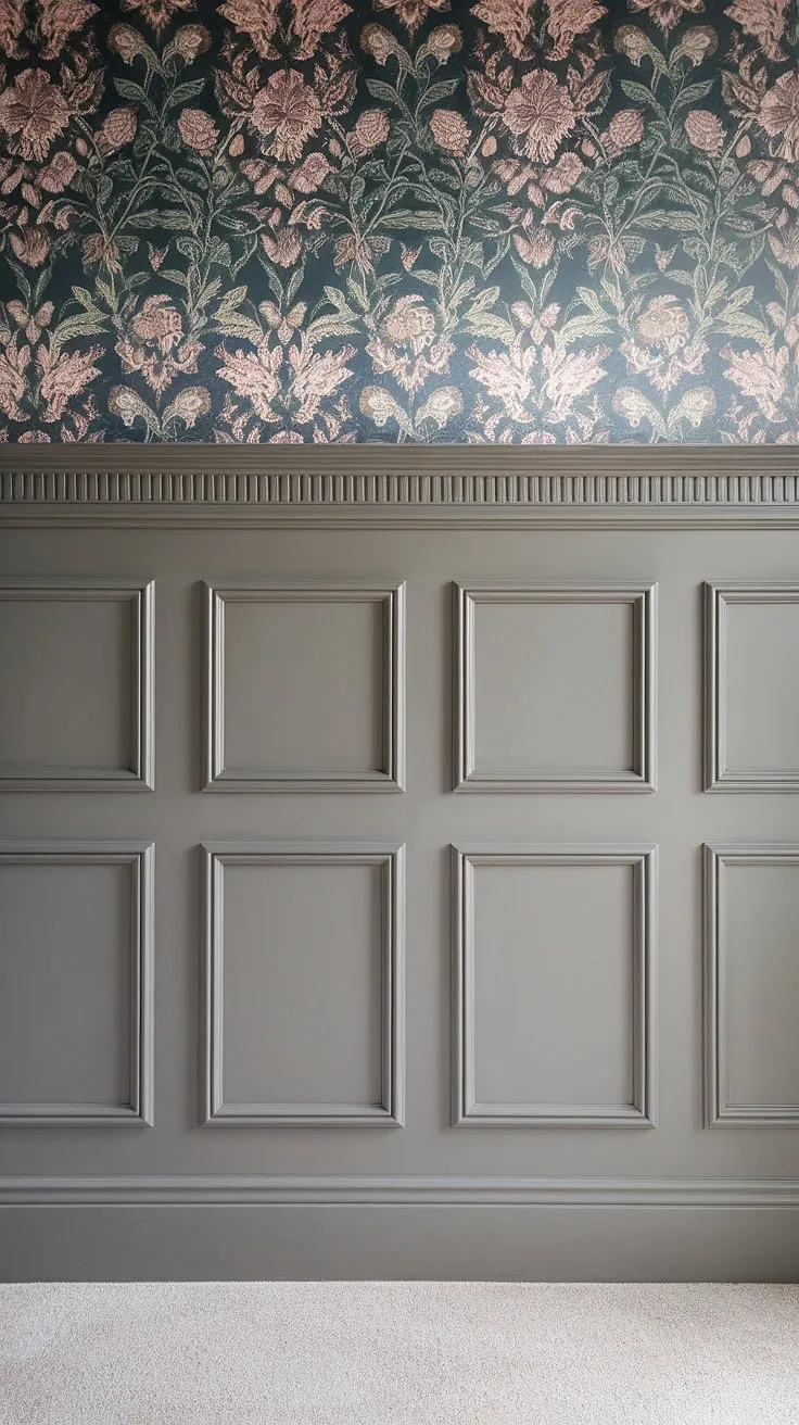 The elegant wainscoting accent wall, complete with dark wall moulding and crisp white wainscoting panels, creates a stunning focal point.  The detailed wall paneling is perfectly complemented by the charming floral wallpaper above, showcasing a beautiful blend of textures and patterns. The half wall moulding adds a touch of refined sophistication, while the trim panels on wall offer a timeless appeal.