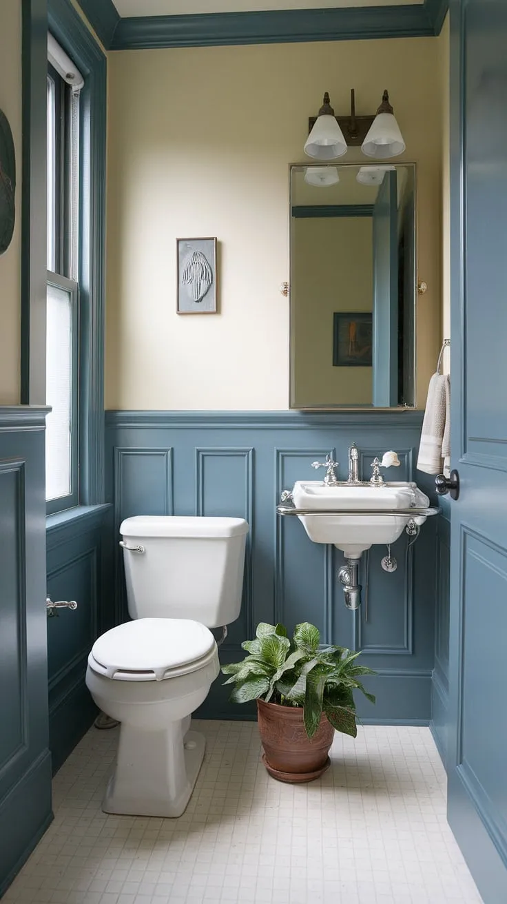This downstairs loo, a perfect example of how wainscoting elevates even the smallest toilet room. A stylish solution for small bathroom with shower needs, or simply a chic downstairs toilet.