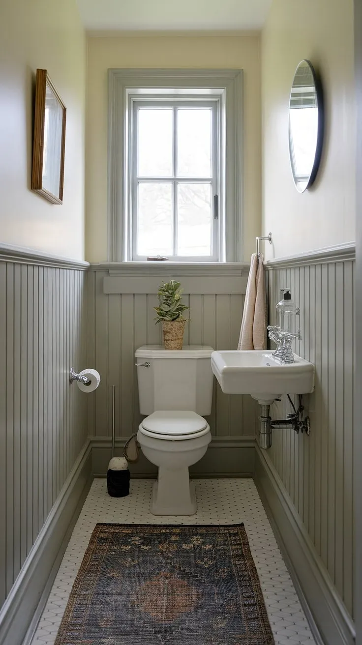 Elegant wainscoting elevates this charming powder room, proving that even small half bathrooms can be stylish and functional. A perfect downstairs loo or downstairs toilet, this small toilet room maximizes space and charm.