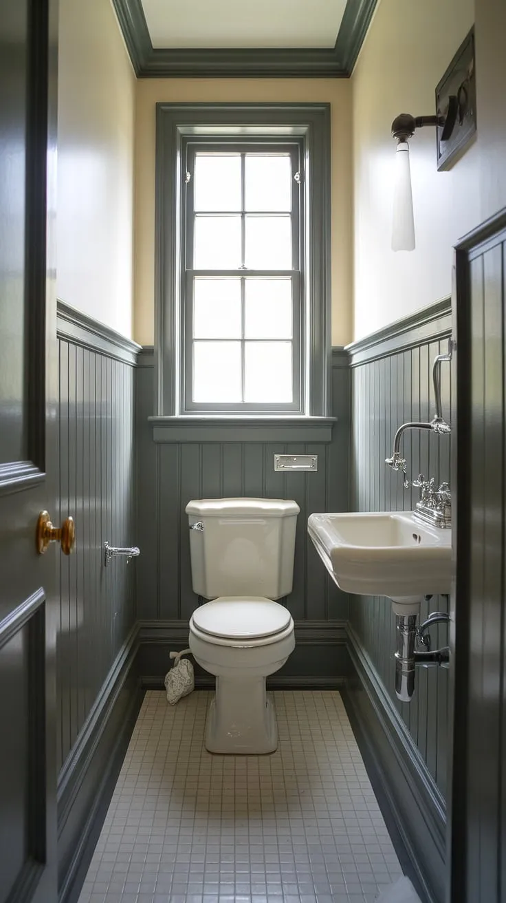 Maximize style, not space, in this downstairs loo. This wainscoting powder room shows how beautiful small toilet rooms can be, even without a shower.