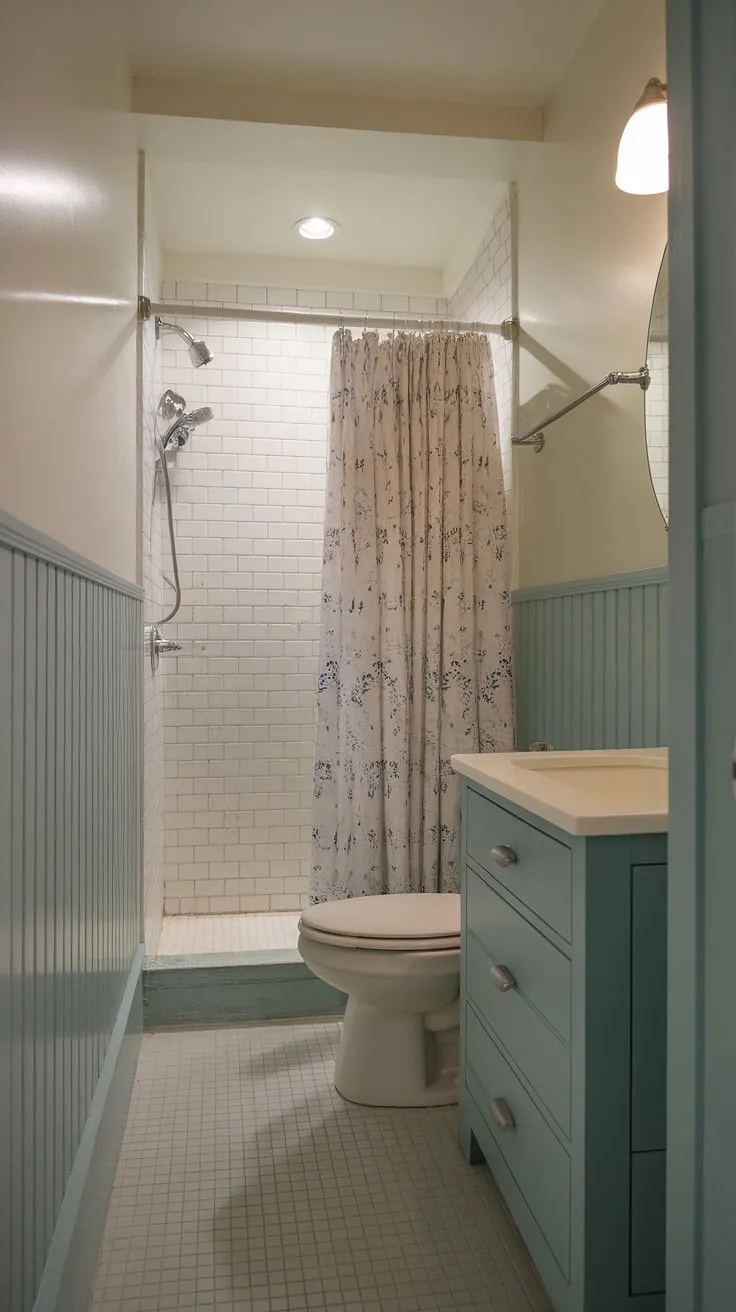 This small toilet room boasts surprising style! The powder blue vanity and white wainscoting create a bright and airy feel in this small bathroom with shower. Ideal as a downstairs loo or downstairs toilet, its compact design maximizes space without sacrificing charm. The tiled floor completes the look of this efficient small half bathroom.