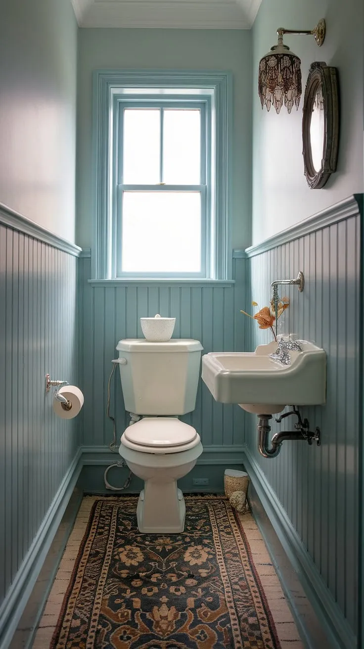 Elegant wainscoting transforms this small toilet room into a sophisticated downstairs loo. A dreamy escape, even in a small bathroom with shower (though this one doesn't have one!).