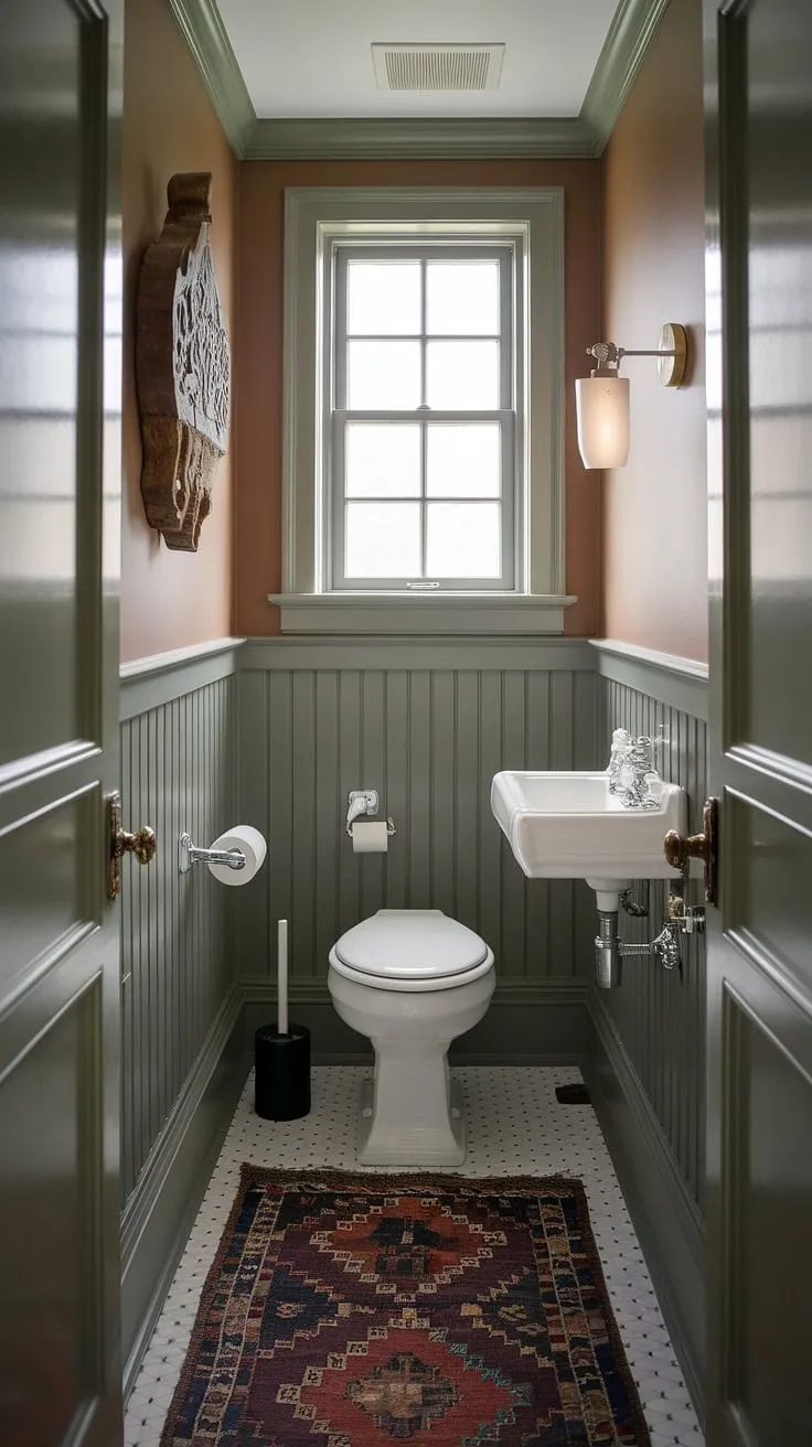 This charming downstairs loo, a perfect example of a small powder room, boasts elegant wainscoting and maximizes space in this tiny half bathroom. The small toilet room feels surprisingly spacious thanks to the light from the window and carefully chosen decor.