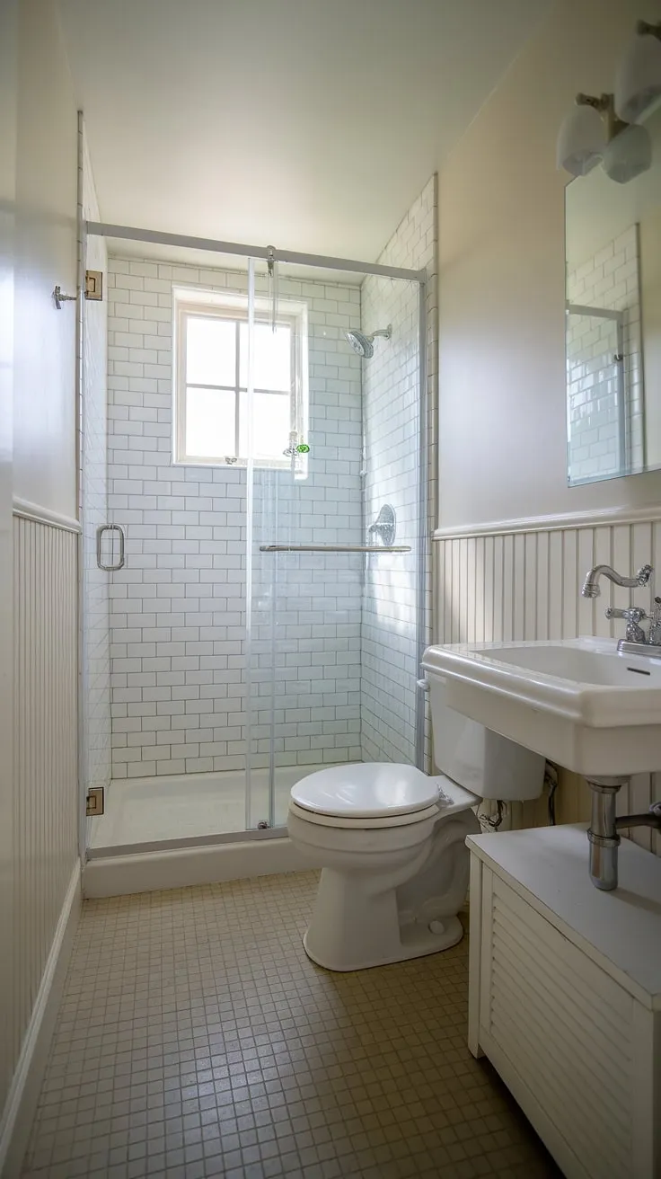 A charming small toilet room, this downstairs loo features a shower, white wainscoting, and beige tile flooring. The small bathroom with shower is surprisingly spacious, showcasing how even small half bathrooms can be stylish and functional.