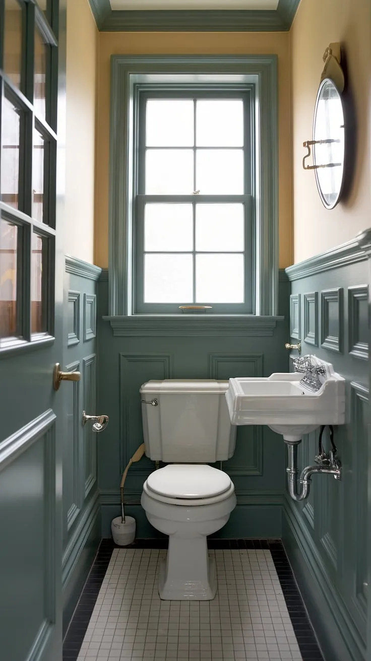 Classic charm in this wainscoting powder room; proof that even small half bathrooms can be elegant. This downstairs loo proves that size isn't everything.