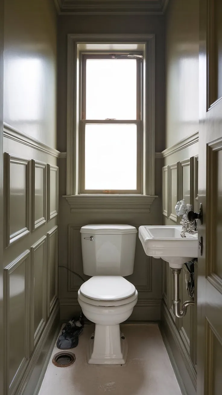 The wainscoting adds a touch of classic elegance to this downstairs toilet, a perfectly functional small powder room. This small bathroom with shower (shower not pictured) is a testament to how even the smallest spaces can be beautifully appointed. The clever use of light and the simple design make this small toilet room feel surprisingly airy and inviting.