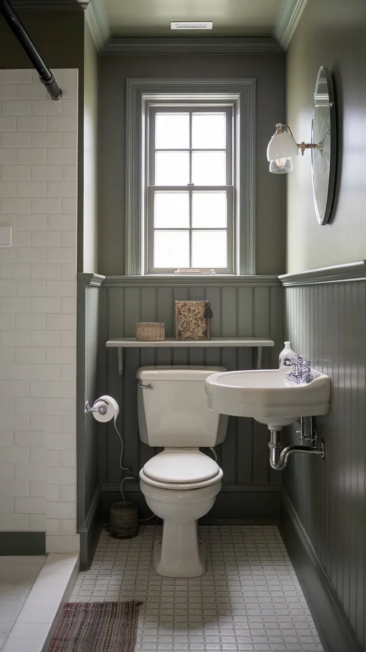 Classic charm meets modern function in this wainscoting powder room. Even small half bathrooms can feel luxurious with thoughtful design. This small bathroom with shower proves it.