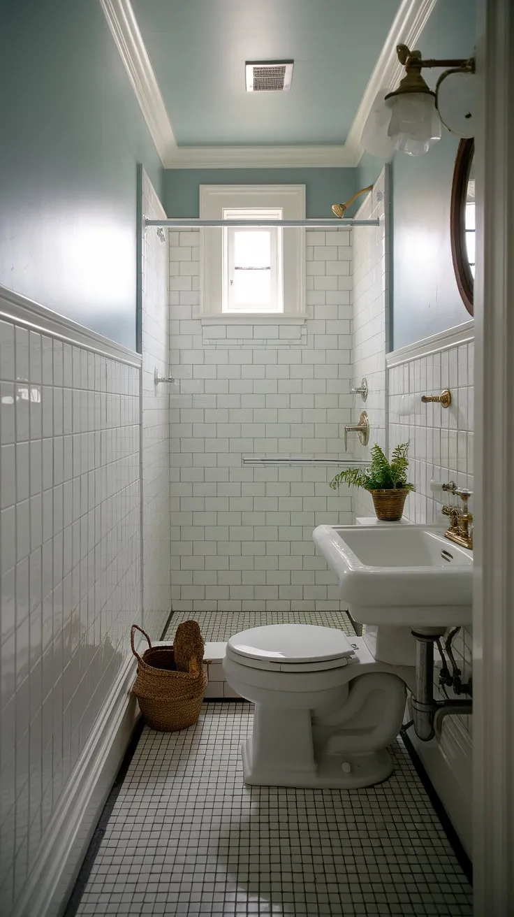 This charming downstairs loo, a perfect example of a small half bathroom, maximizes space with elegant wainscoting and a crisp blue-and-white color scheme. The small bathroom with shower features a black and white checkered floor, adding a touch of classic style to this efficient small toilet room. A potted plant and woven basket add a welcoming touch near the small window.