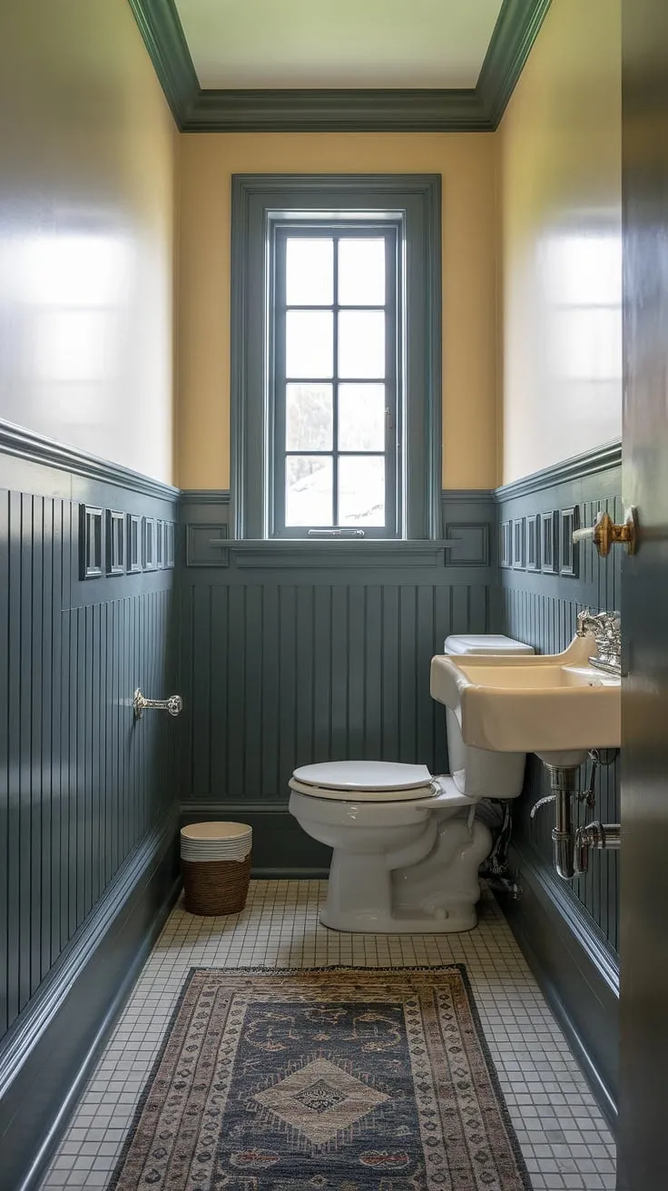 This downstairs toilet, a delightful small bathroom with shower (though not pictured), showcases the transformative power of wainscoting in small toilet rooms. The carefully chosen details, from the tiled floor to the area rug, create a surprisingly spacious and stylish small half bathroom. The high window adds an unexpected touch of airiness to this efficient downstairs loo.