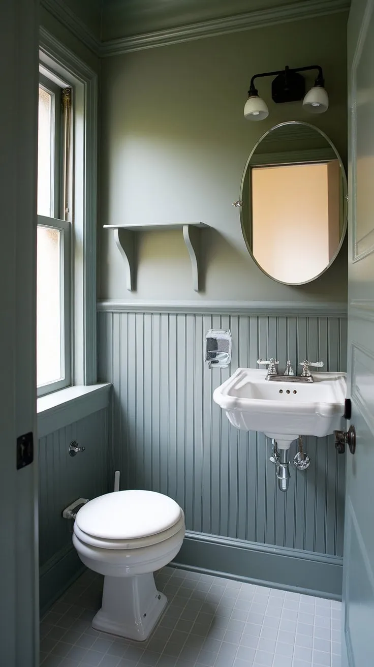 This downstairs toilet, a beautifully appointed small toilet room, showcases the elegance of wainscoting in a small bathroom with shower. While compact, this powder room feels spacious thanks to its thoughtful design. The small half bathrooms' efficient layout makes the most of the limited space, creating a functional and stylish downstairs loo.